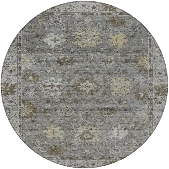 8' Pewter And Gold Round Floral Washable Indoor Outdoor Area Rug Photo 4