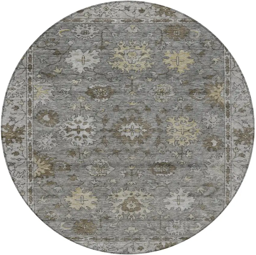 8' Pewter And Gold Round Floral Washable Indoor Outdoor Area Rug Photo 4