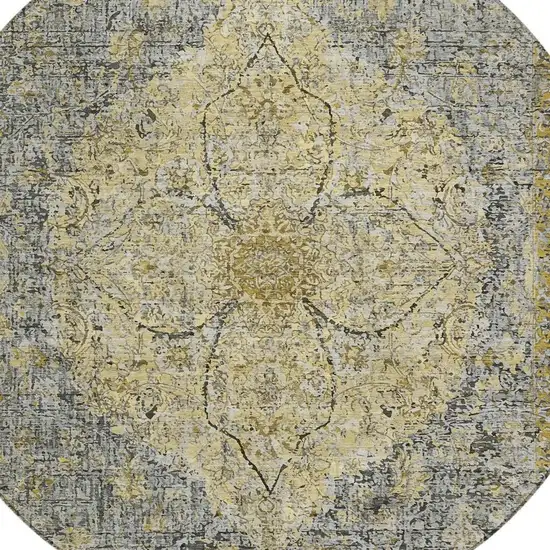 8' Pewter And Gold Round Oriental Washable Indoor Outdoor Area Rug Photo 5