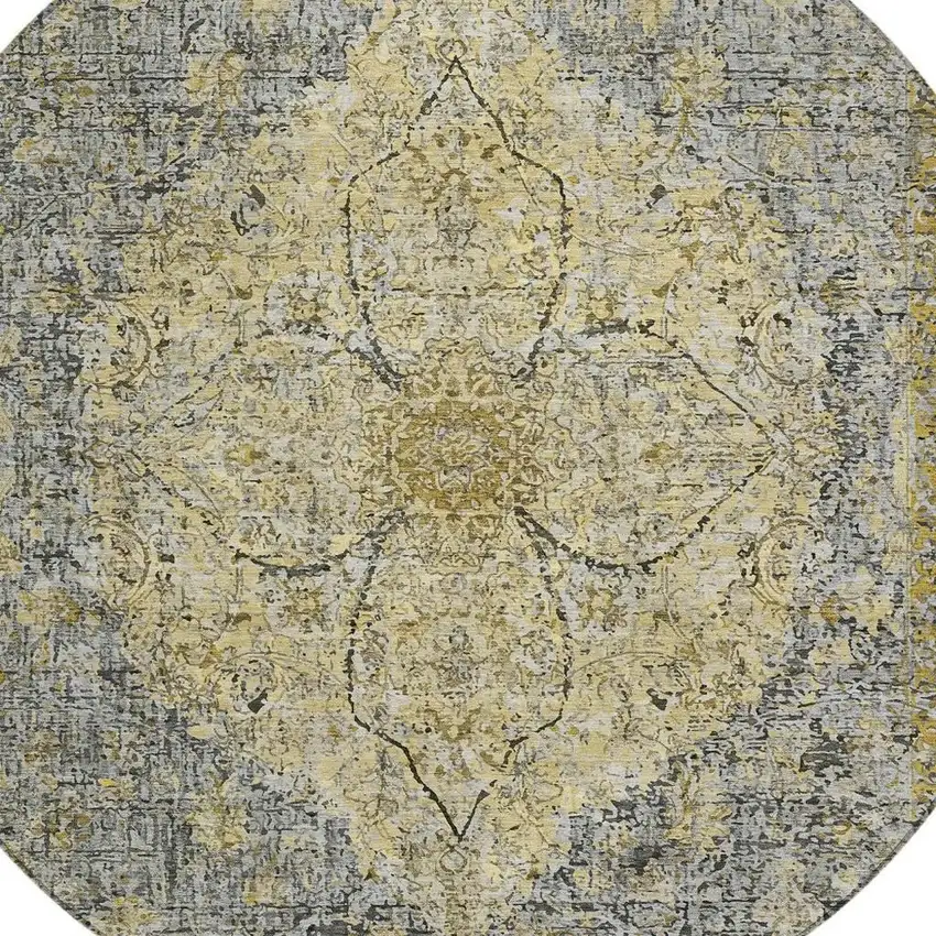 8' Pewter And Gold Round Oriental Washable Indoor Outdoor Area Rug Photo 5