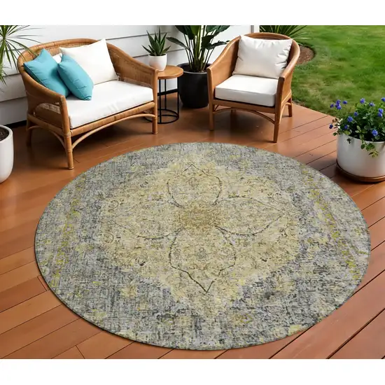 8' Pewter And Gold Round Oriental Washable Indoor Outdoor Area Rug Photo 2