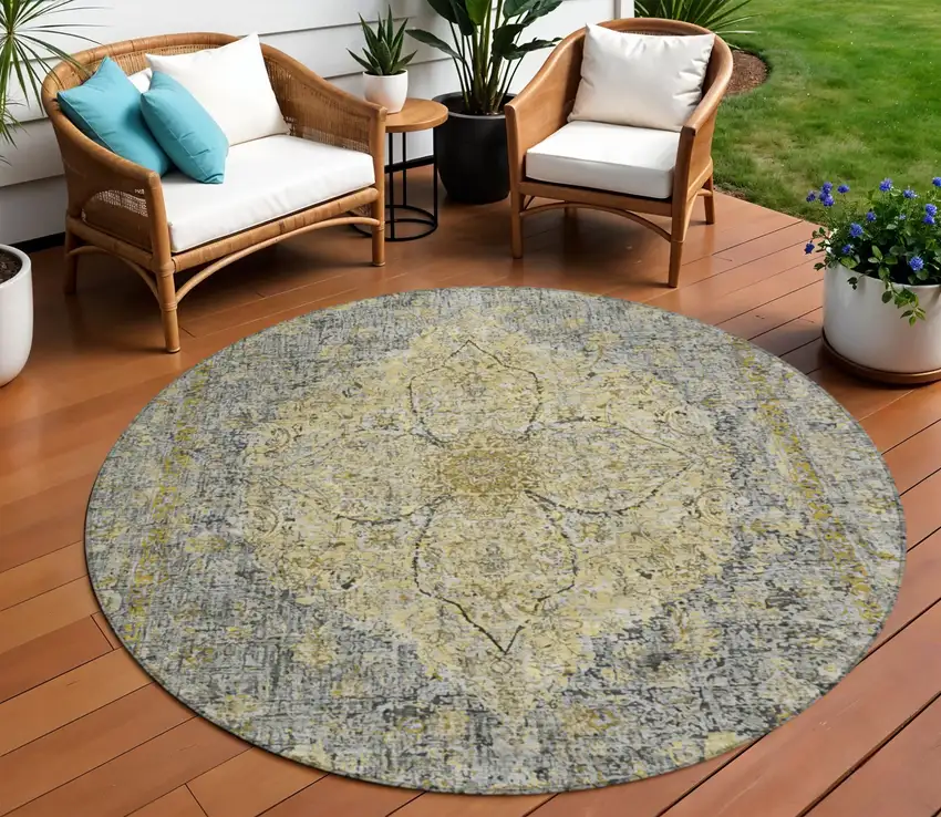 8' Pewter And Gold Round Oriental Washable Indoor Outdoor Area Rug Photo 2
