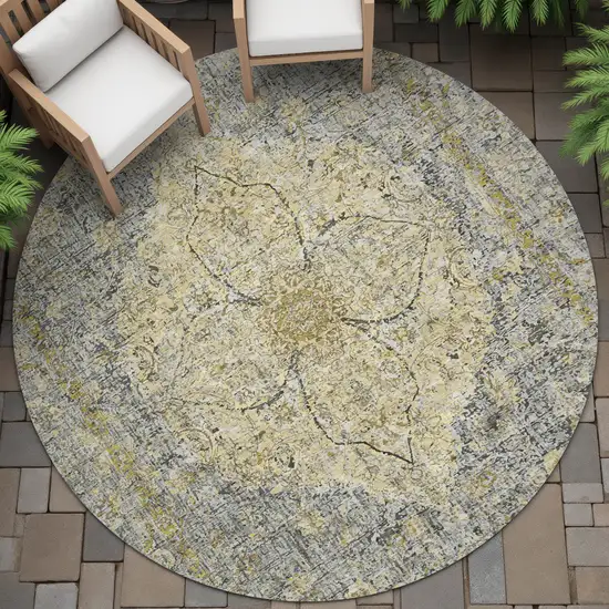 8' Pewter And Gold Round Oriental Washable Indoor Outdoor Area Rug Photo 6