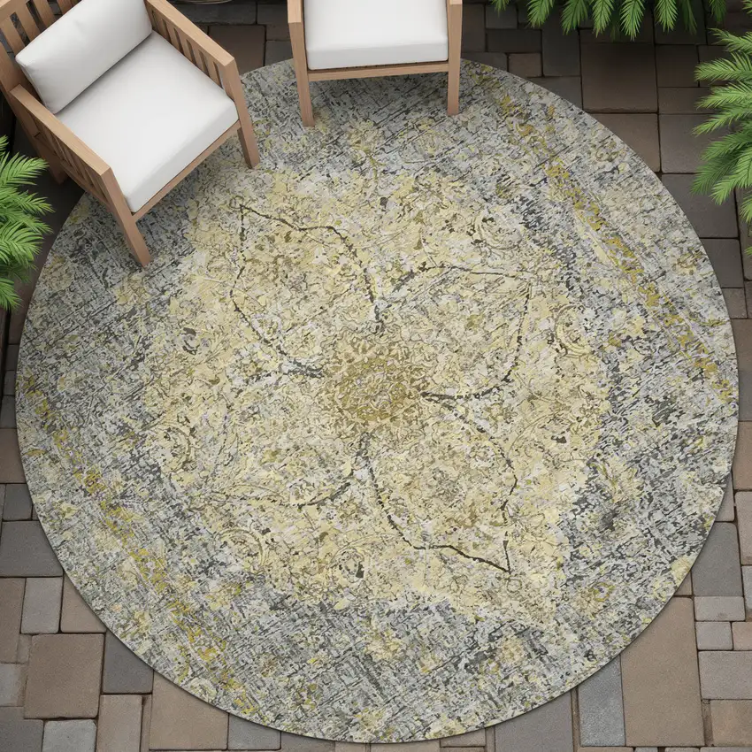 8' Pewter And Gold Round Oriental Washable Indoor Outdoor Area Rug Photo 6