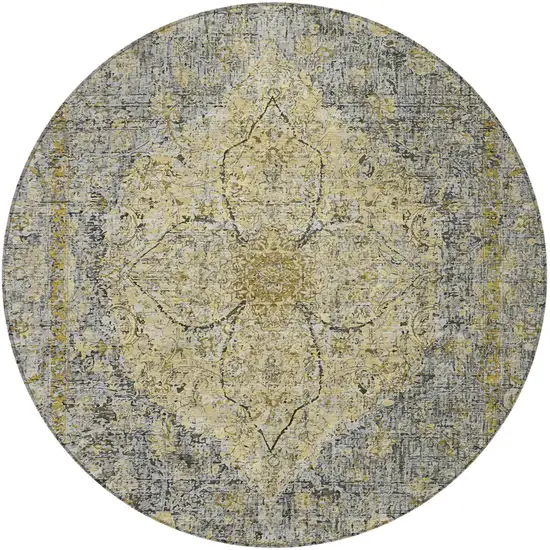 8' Pewter And Gold Round Oriental Washable Indoor Outdoor Area Rug Photo 3