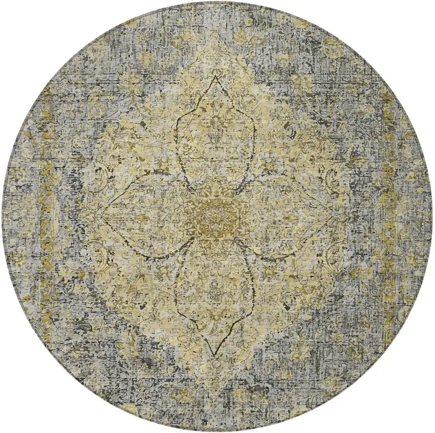8' Pewter And Gold Round Oriental Washable Indoor Outdoor Area Rug Photo 3