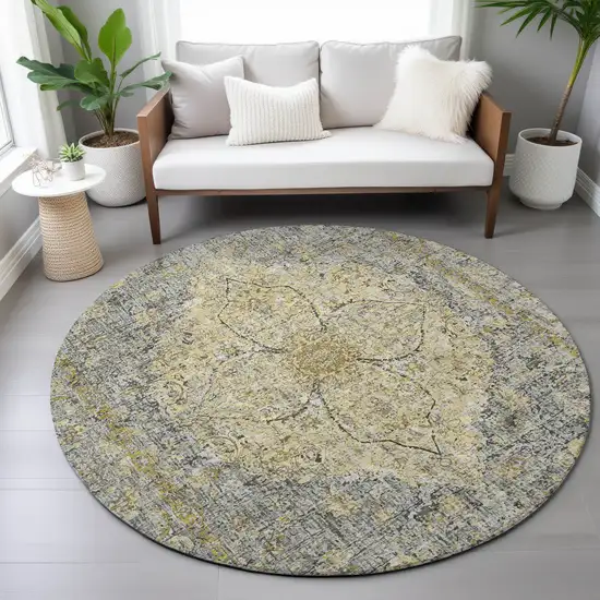 8' Pewter And Gold Round Oriental Washable Indoor Outdoor Area Rug Photo 7