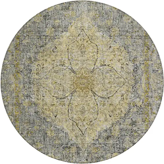 8' Pewter And Gold Round Oriental Washable Indoor Outdoor Area Rug Photo 1