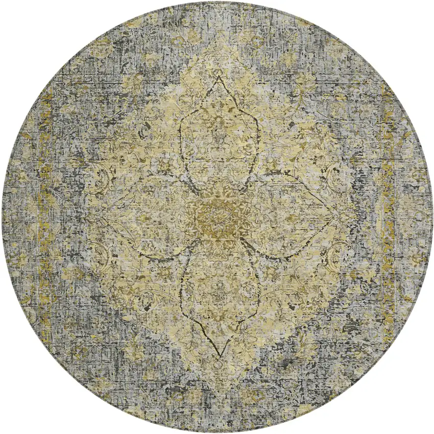 8' Pewter And Gold Round Oriental Washable Indoor Outdoor Area Rug Photo 1