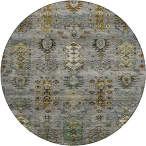 Photo of 8' Pewter And Gold Round Tribal Washable Indoor Outdoor Area Rug