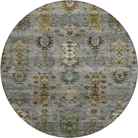 8' Pewter And Gold Round Tribal Washable Indoor Outdoor Area Rug Photo 1