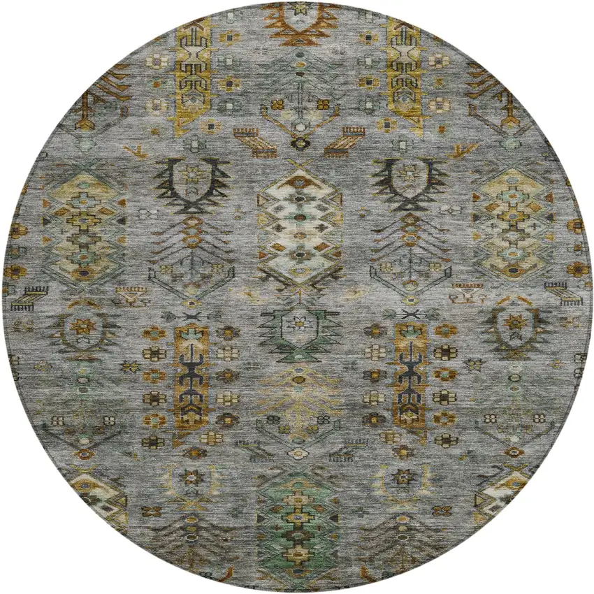 8' Pewter And Gold Round Tribal Washable Indoor Outdoor Area Rug Photo 1