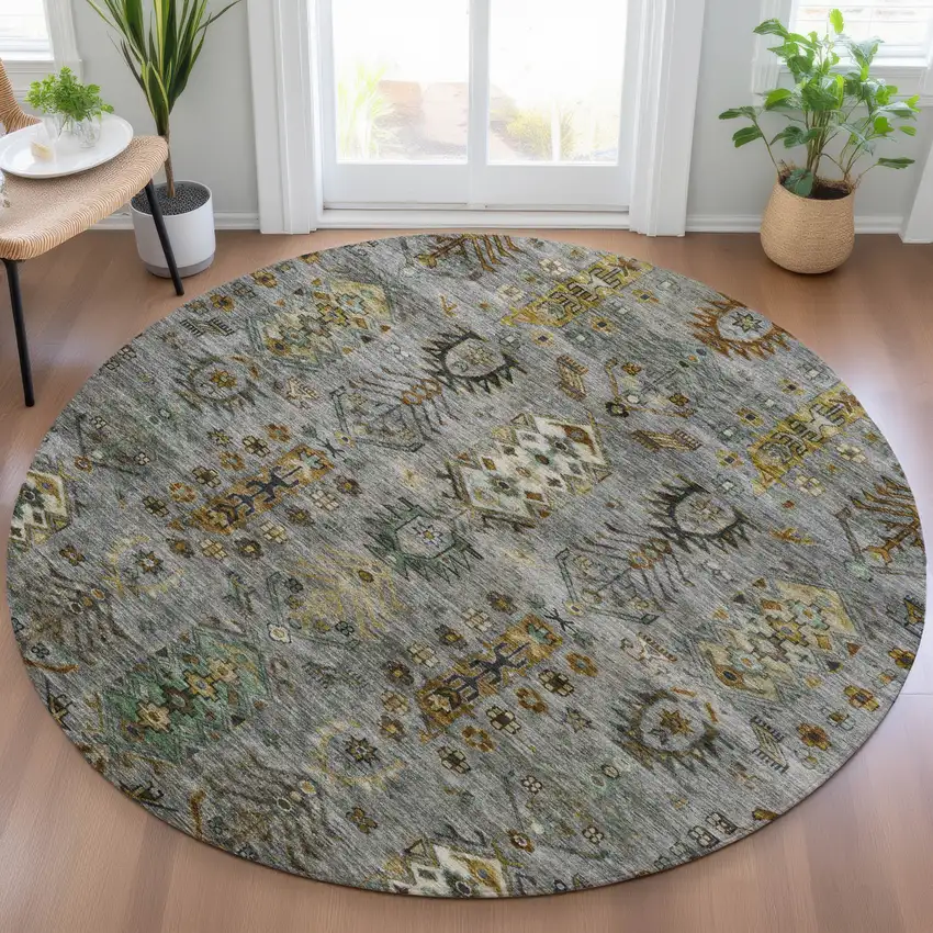 8' Pewter And Gold Round Tribal Washable Indoor Outdoor Area Rug Photo 6