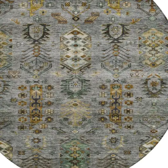 8' Pewter And Gold Round Tribal Washable Indoor Outdoor Area Rug Photo 4