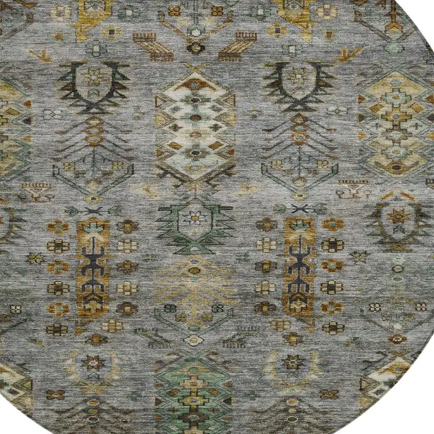 8' Pewter And Gold Round Tribal Washable Indoor Outdoor Area Rug Photo 4