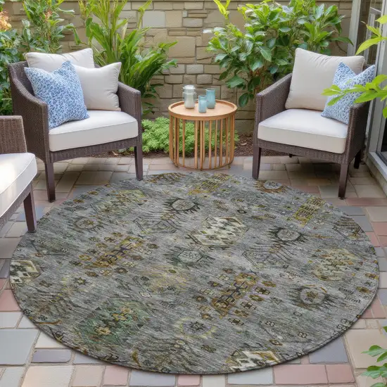 8' Pewter And Gold Round Tribal Washable Indoor Outdoor Area Rug Photo 5