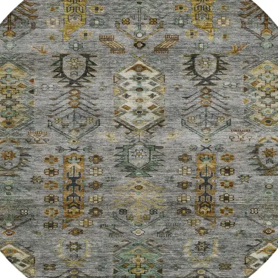 8' Pewter And Gold Round Tribal Washable Indoor Outdoor Area Rug Photo 8
