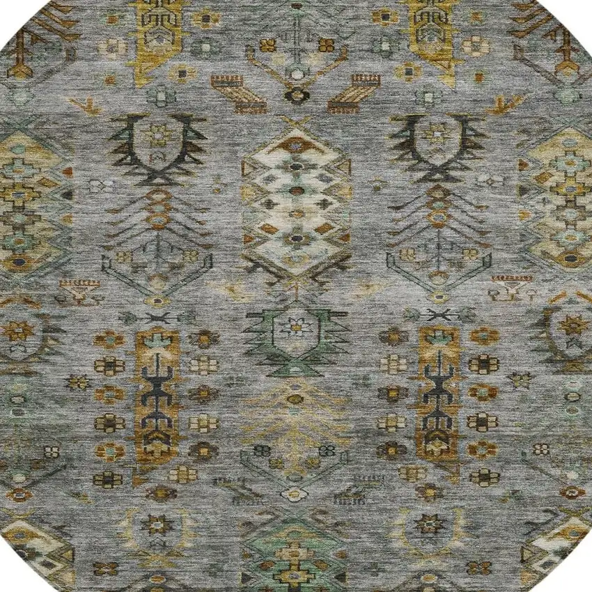 8' Pewter And Gold Round Tribal Washable Indoor Outdoor Area Rug Photo 8