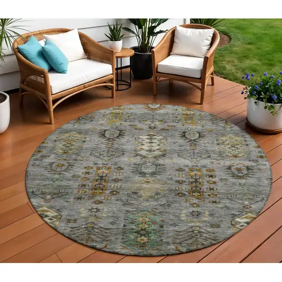 8' Pewter And Gold Round Tribal Washable Indoor Outdoor Area Rug Photo 2