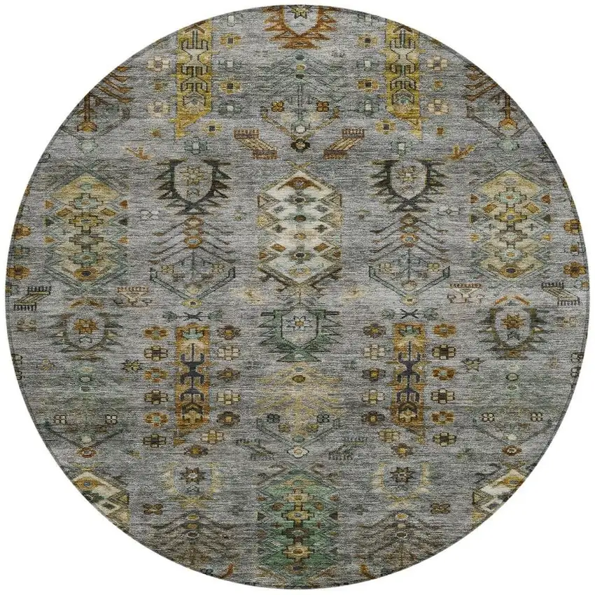 8' Pewter And Gold Round Tribal Washable Indoor Outdoor Area Rug Photo 3