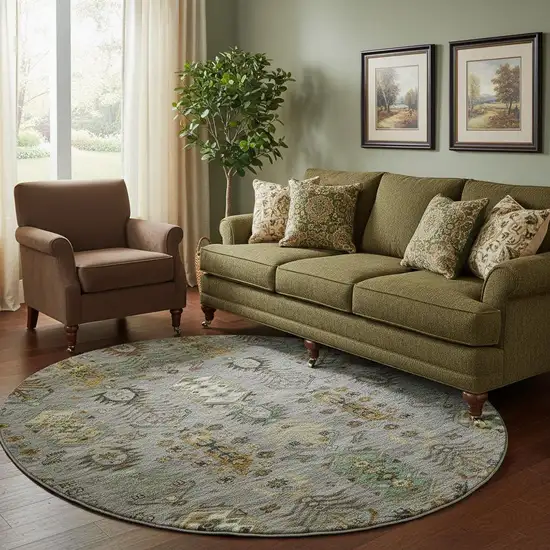 8' Pewter And Gold Southwestern Washable Round Rug With UV Protection Photo 2