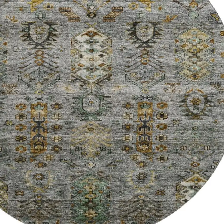8' Pewter And Gold Southwestern Washable Round Rug With UV Protection Photo 3