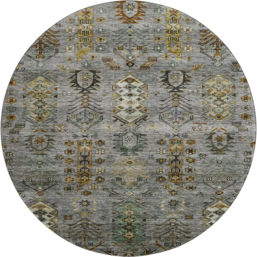 8' Pewter And Gold Southwestern Washable Round Rug With UV Protection Photo 1