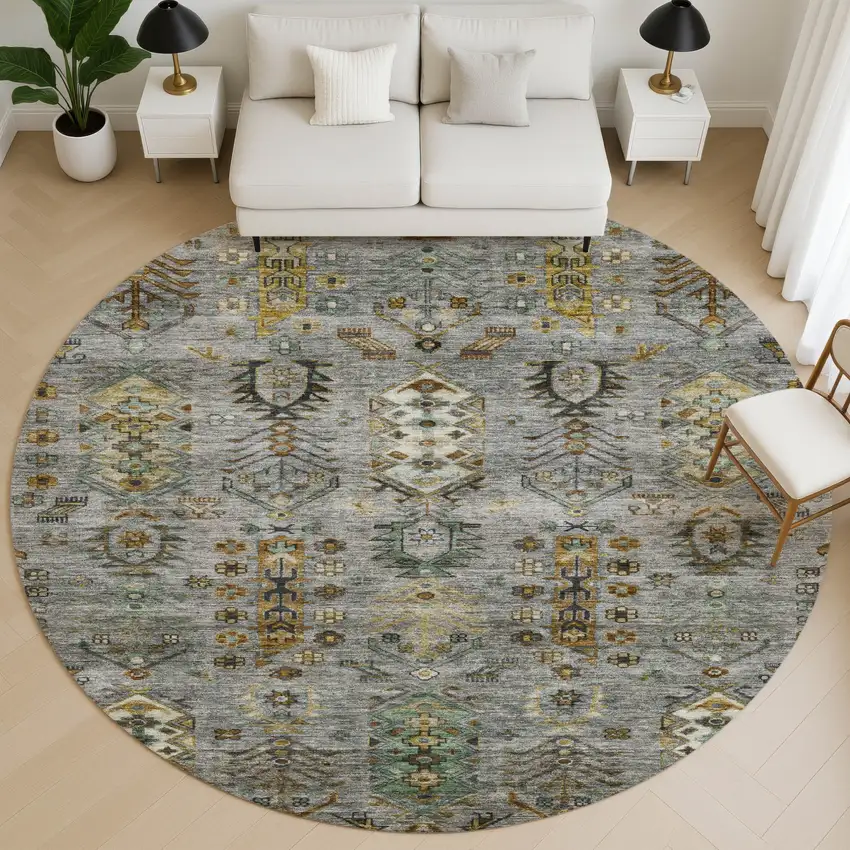 8' Pewter And Gold Southwestern Washable Round Rug With UV Protection Photo 5