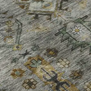 Photo of 8' Pewter And Gold Southwestern Washable Round Rug With UV Protection