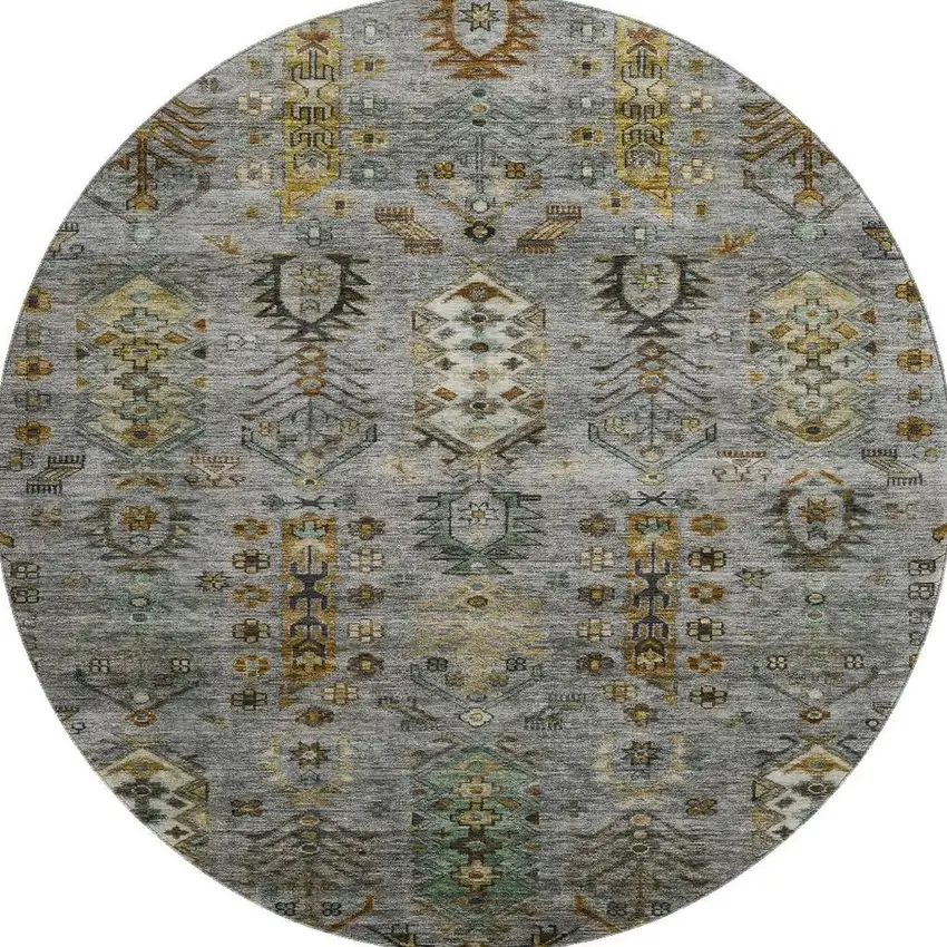 8' Pewter And Gold Southwestern Washable Round Rug With UV Protection Photo 4