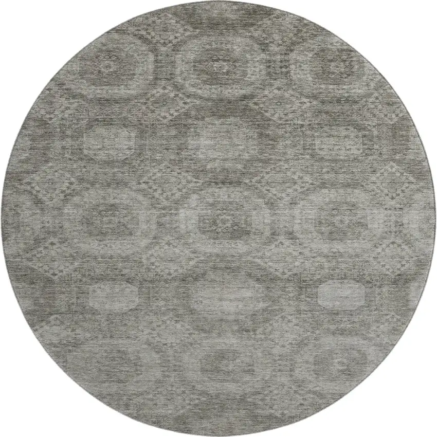 8' Pewter And Gray Abstract Geometric Washable Round Rug With UV Protection Photo 1