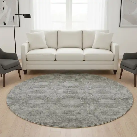 8' Pewter And Gray Abstract Geometric Washable Round Rug With UV Protection Photo 2