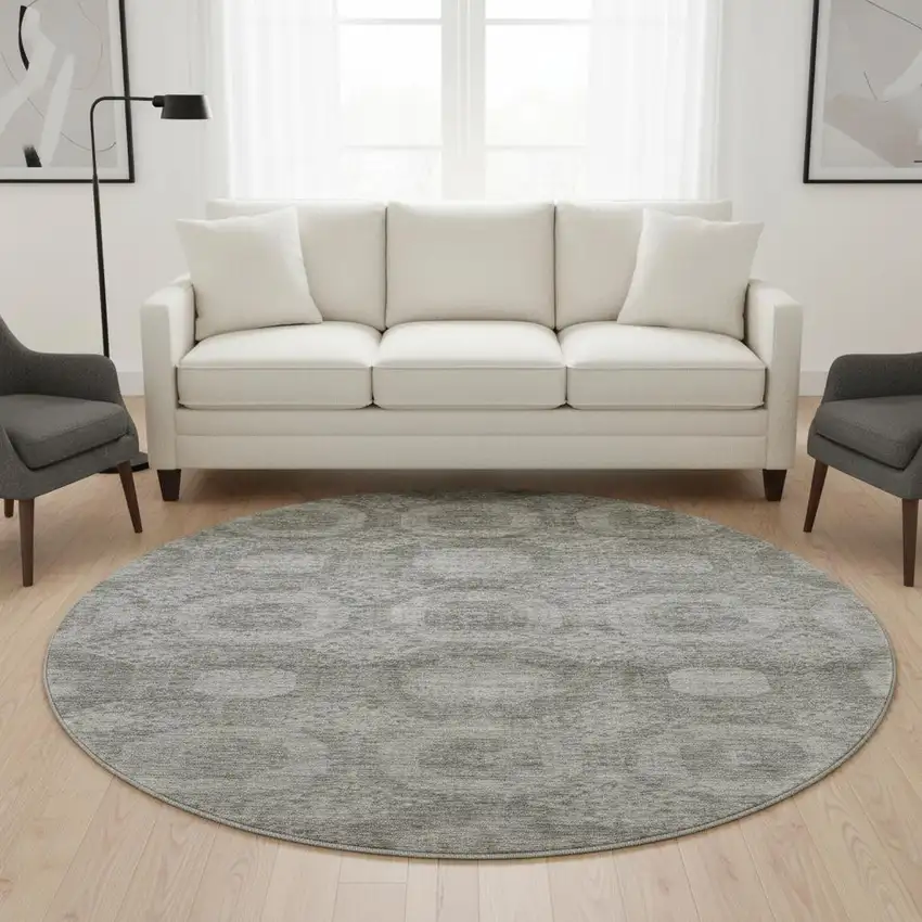 8' Pewter And Gray Abstract Geometric Washable Round Rug With UV Protection Photo 2