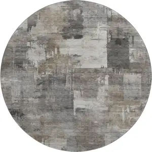 Photo of 8' Pewter And Gray Abstract Washable Round Rug With UV Protection