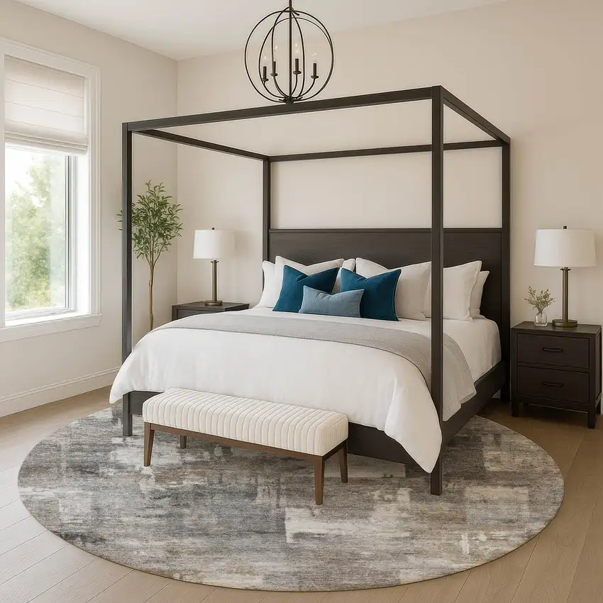 8' Pewter And Gray Abstract Washable Round Rug With UV Protection Photo 5