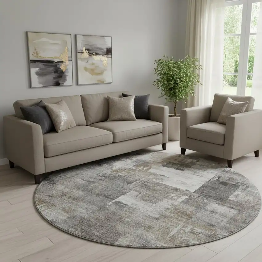 8' Pewter And Gray Abstract Washable Round Rug With UV Protection Photo 2