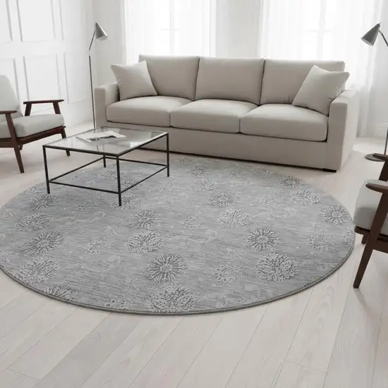8' Pewter And Gray Floral Washable Round Rug With UV Protection Photo 2