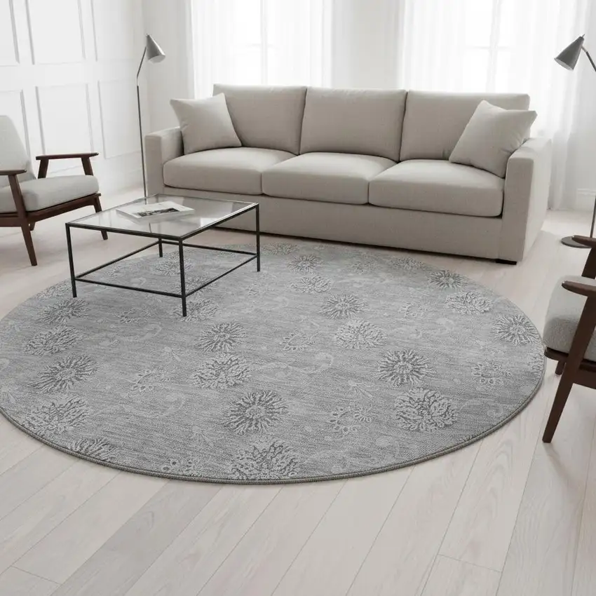 8' Pewter And Gray Floral Washable Round Rug With UV Protection Photo 2