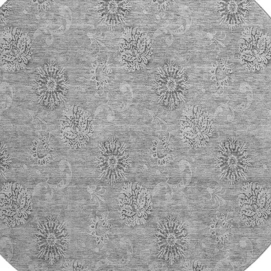 8' Pewter And Gray Floral Washable Round Rug With UV Protection Photo 3