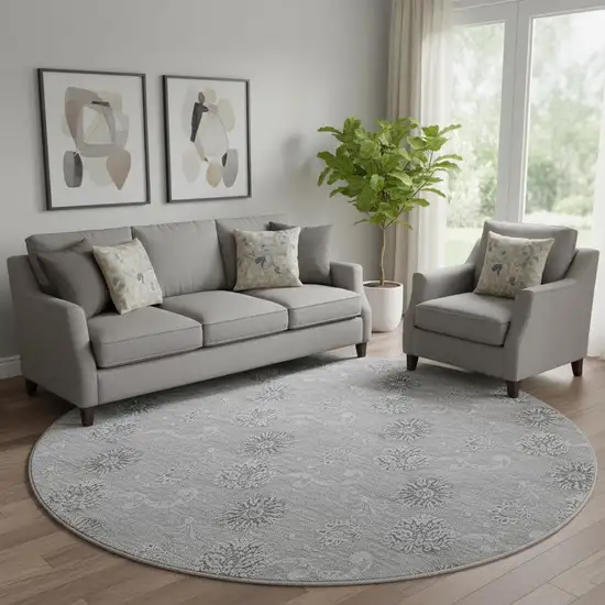 8' Pewter And Gray Floral Washable Round Rug With UV Protection Photo 1