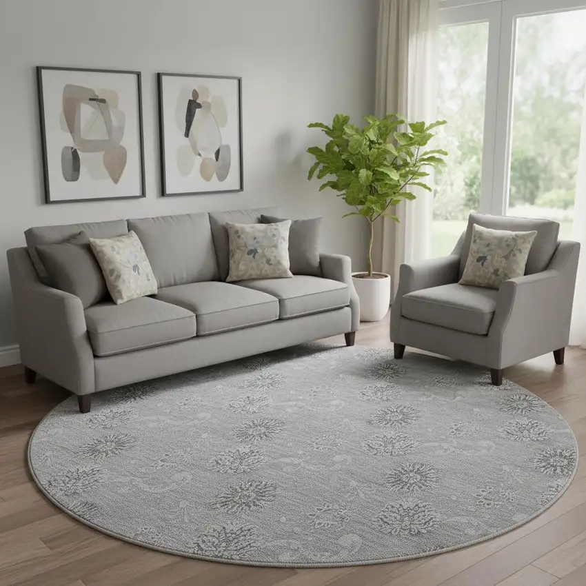8' Pewter And Gray Floral Washable Round Rug With UV Protection Photo 1