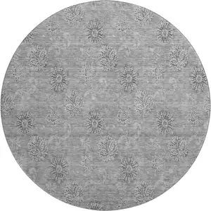 Photo of 8' Pewter And Gray Floral Washable Round Rug With UV Protection