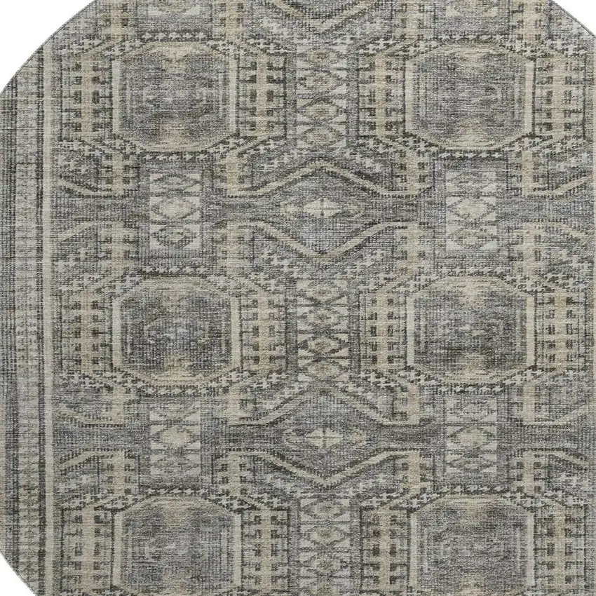 8' Pewter And Gray Geometric Washable Round Rug With UV Protection Photo 3