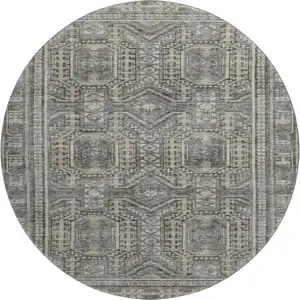 Photo of 8' Pewter And Gray Geometric Washable Round Rug With UV Protection