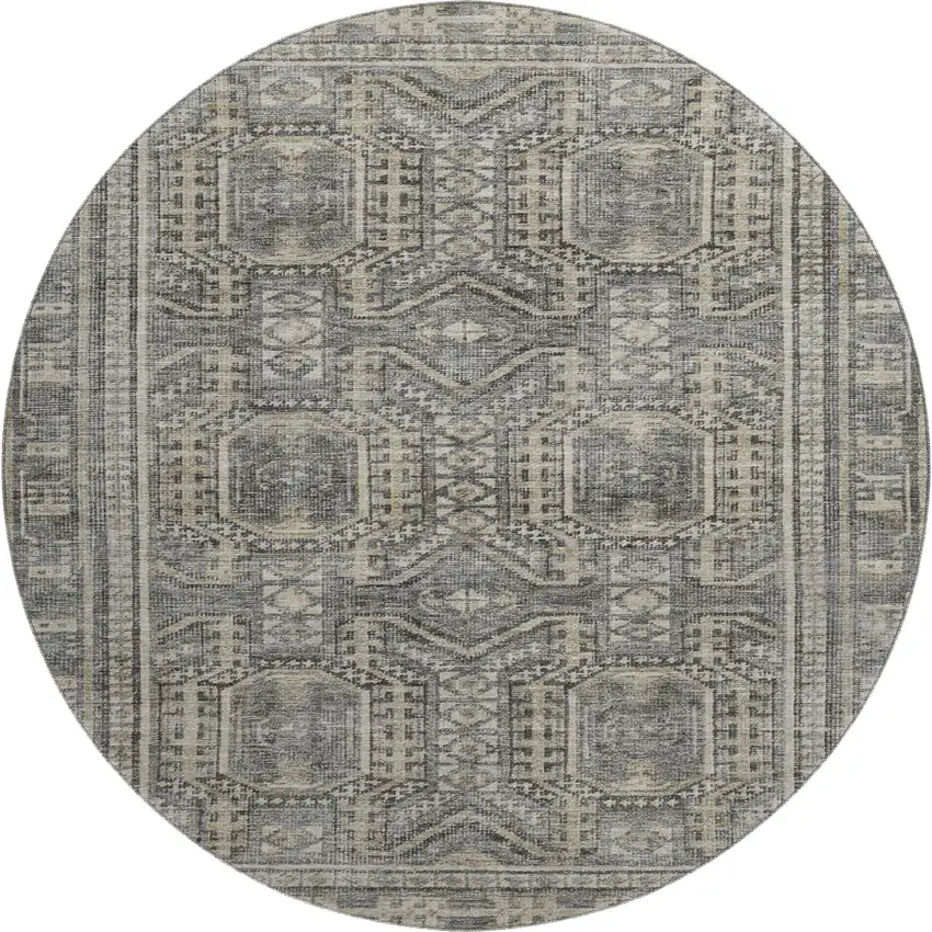 8' Pewter And Gray Geometric Washable Round Rug With UV Protection Photo 1