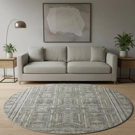 8' Pewter And Gray Geometric Washable Round Rug With UV Protection Photo 2