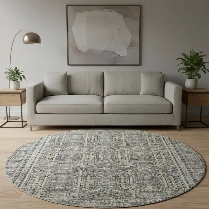 8' Pewter And Gray Geometric Washable Round Rug With UV Protection Photo 2