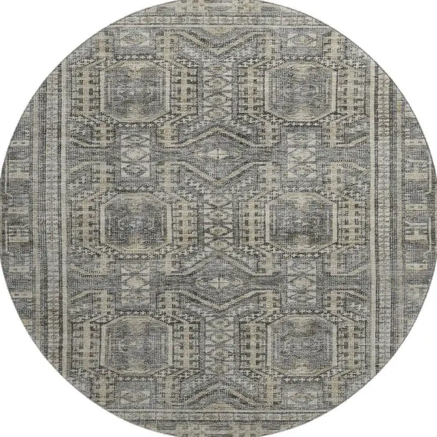 8' Pewter And Gray Geometric Washable Round Rug With UV Protection Photo 4