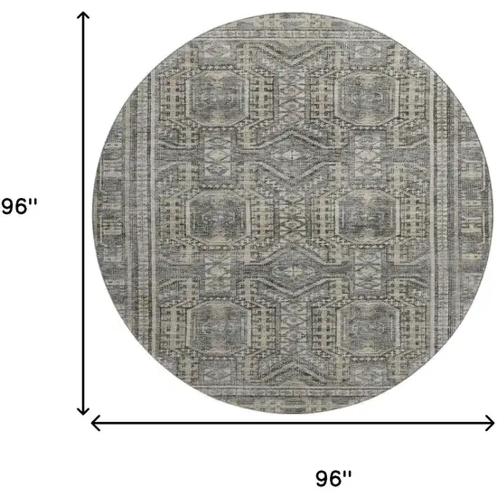 8' Pewter And Gray Geometric Washable Round Rug With UV Protection Photo 9