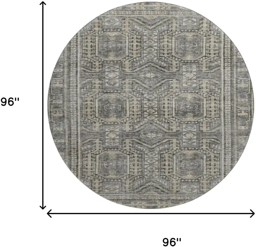 8' Pewter And Gray Geometric Washable Round Rug With UV Protection Photo 9